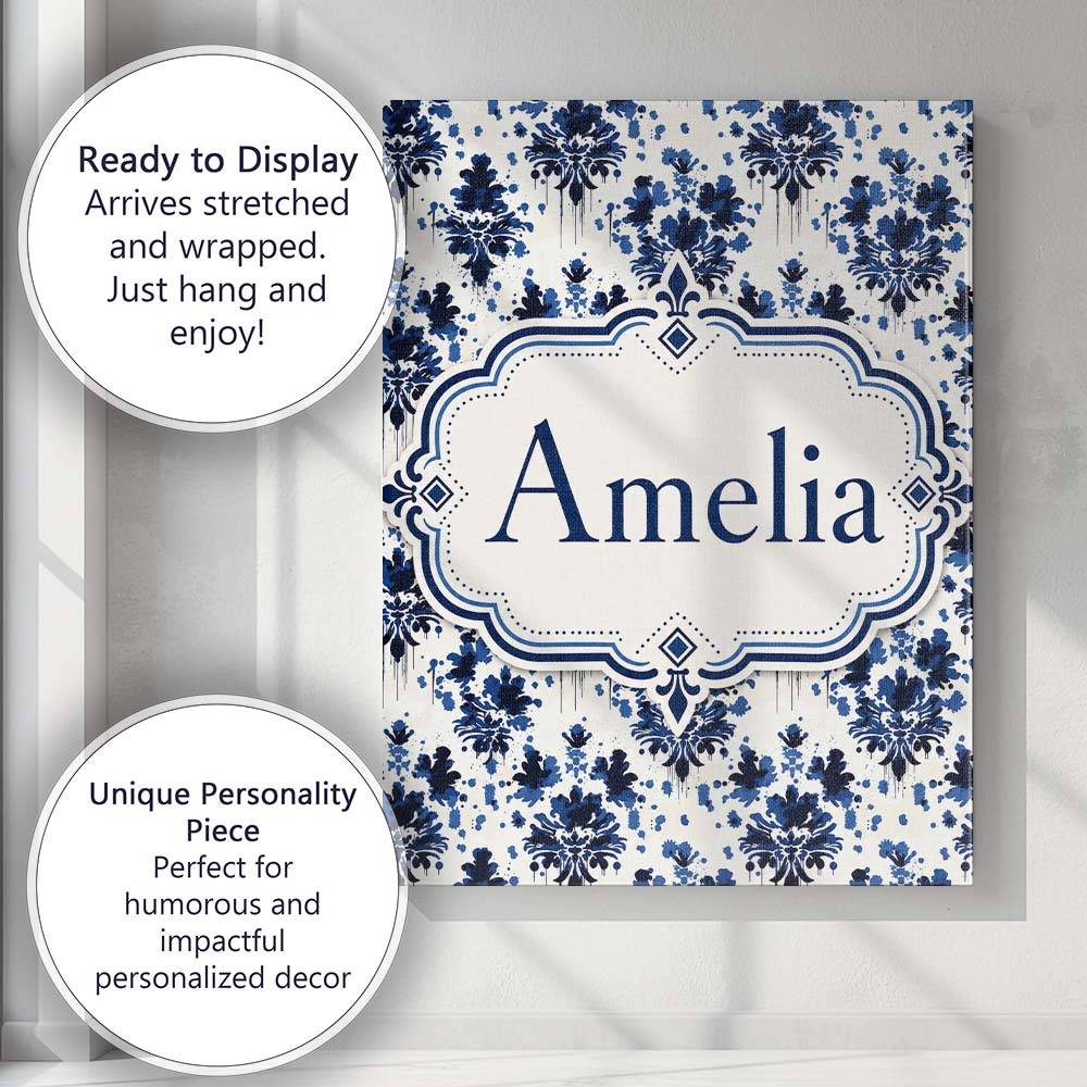 Personalised Name Navy Blue Floral Ink Blot Custom  Bespoke Interior Contemporary Canvas Wall Art Print Decor Picture Ready to Hang