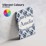 Personalised Name Navy Blue Floral Ink Blot Custom  Bespoke Interior Contemporary Canvas Wall Art Print Decor Picture Ready to Hang