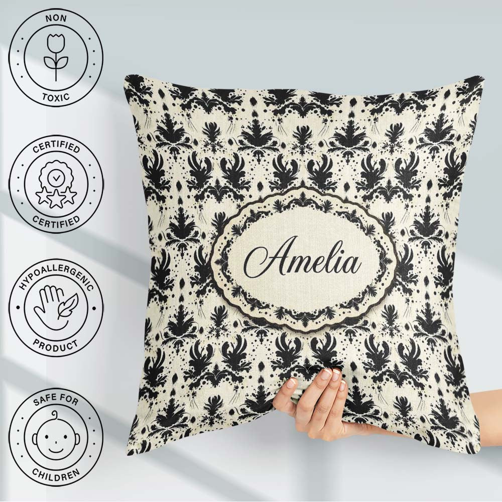 Custom Name Black Damask Silhouette Ornamental Seamless Pattern Square Filled Cushion Throw Pillow Sofa Bed Home Decor Zip Washable UK Made