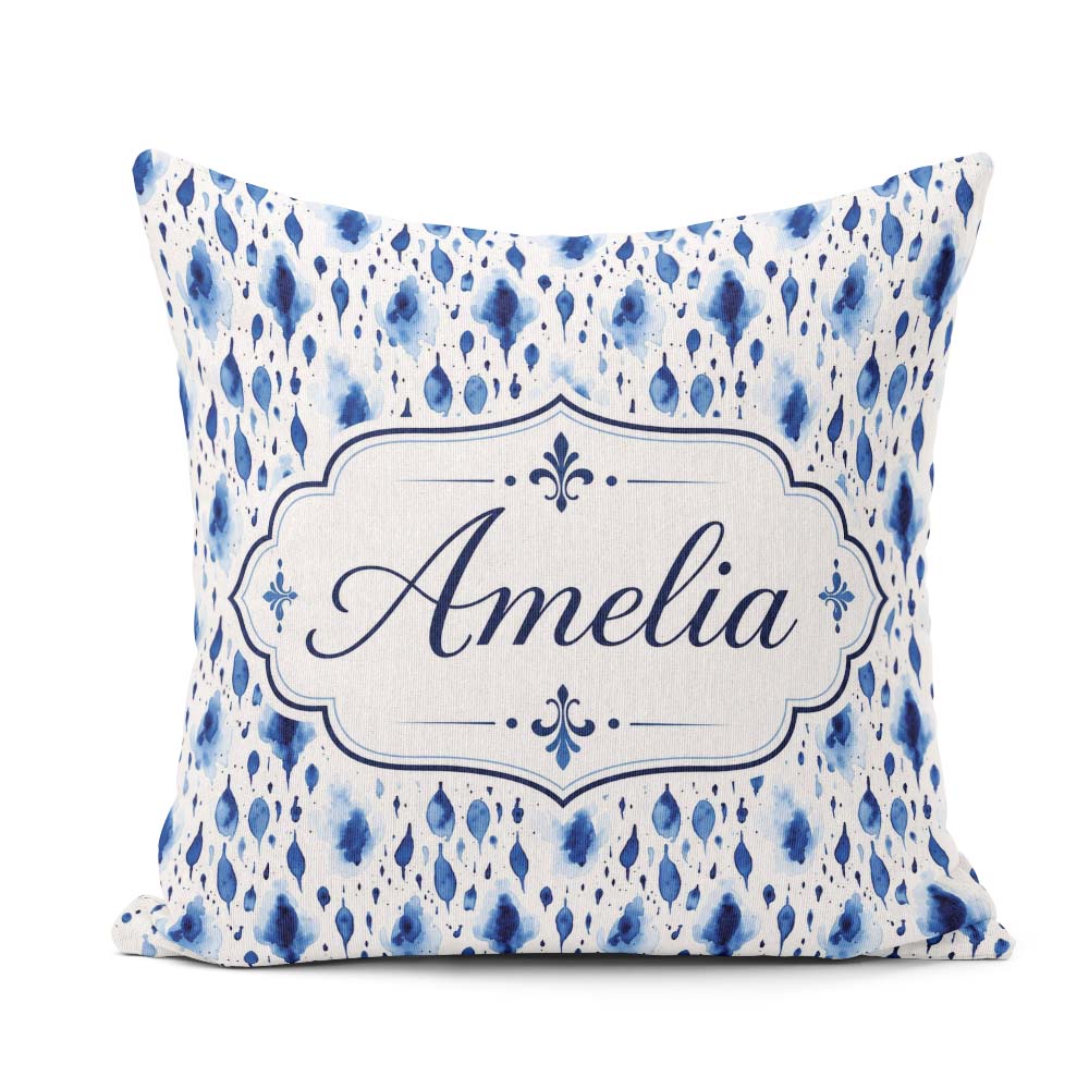 Custom Name Blue Watercolour Droplet Abstract Seamless Pattern Square Filled Cushion Throw Pillow Sofa Bed Home Decor Zip Washable UK Made