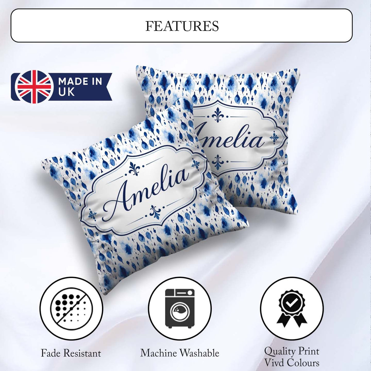 Custom Name Blue Watercolour Droplet Abstract Seamless Pattern Square Filled Cushion Throw Pillow Sofa Bed Home Decor Zip Washable UK Made