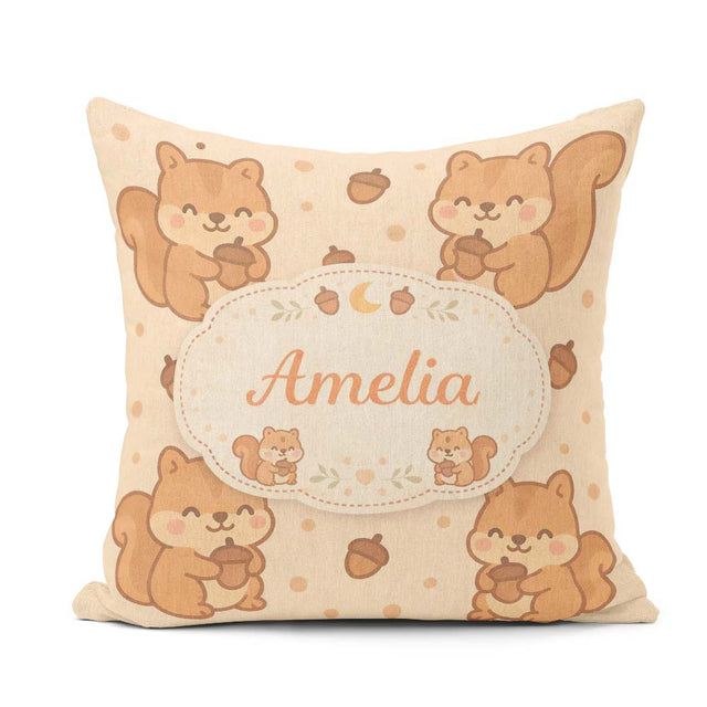Custom Name Cute Squirrel Acorn Cartoon Animal Pattern for Her Square Filled Cushion Throw Pillow Sofa Bed Home Decor Zip Washable UK Made