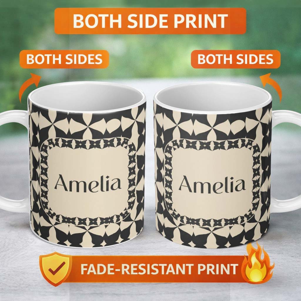 Personalized Custom Name Symmetrical Petal Tile Black Cream Geometric Floral Pattern Lovely 11oz Ceramic Coffee Tea Mug White Large Handle