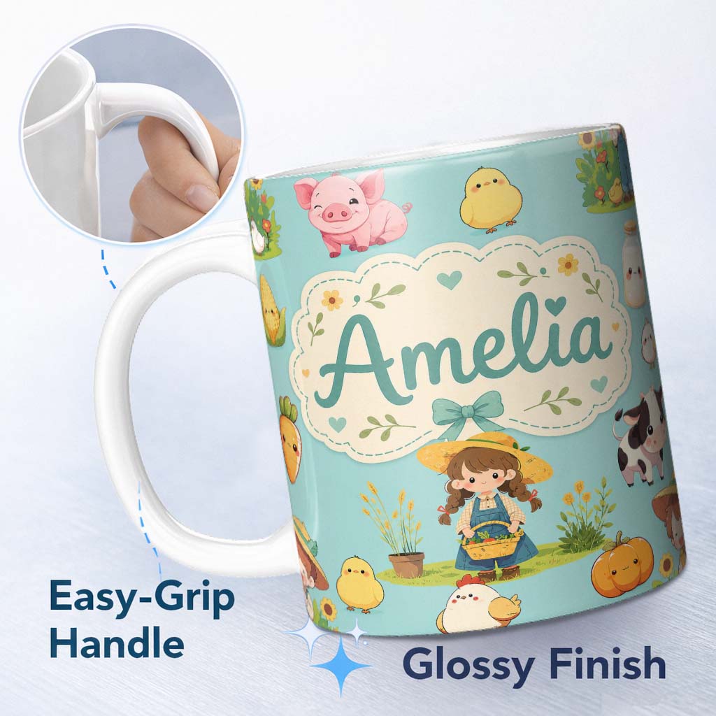 Personalized Custom Name Cute Farm Girl Animals Harvest Seamless Pattern Mint Background 11oz Ceramic Coffee Tea Mug White Large Handle