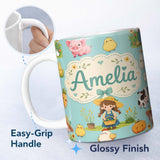 Personalized Custom Name Cute Farm Girl Animals Harvest Seamless Pattern Mint Background 11oz Ceramic Coffee Tea Mug White Large Handle