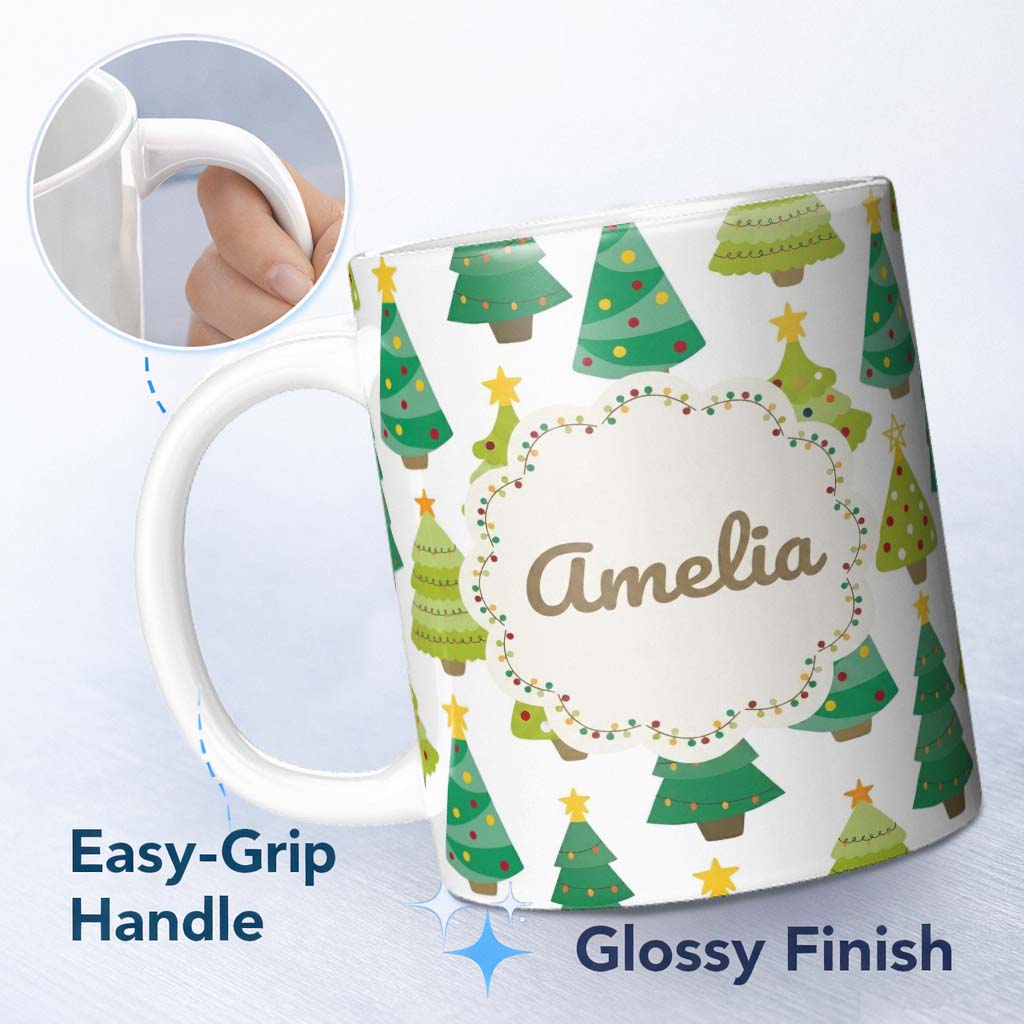 Personalized Custom Name Cute Decorated Christmas Trees with Stars on Soft Grey Background 11oz Ceramic Coffee Tea Mug White Large Handle