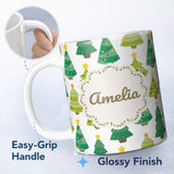 Personalized Custom Name Cute Decorated Christmas Trees with Stars on Soft Grey Background 11oz Ceramic Coffee Tea Mug White Large Handle