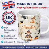Personalized Custom Name Cute Halloween Teddy Bears Mummy Witch Cat Pumpkin Stars Cream 11oz Ceramic Coffee Tea Mug White Large Handle