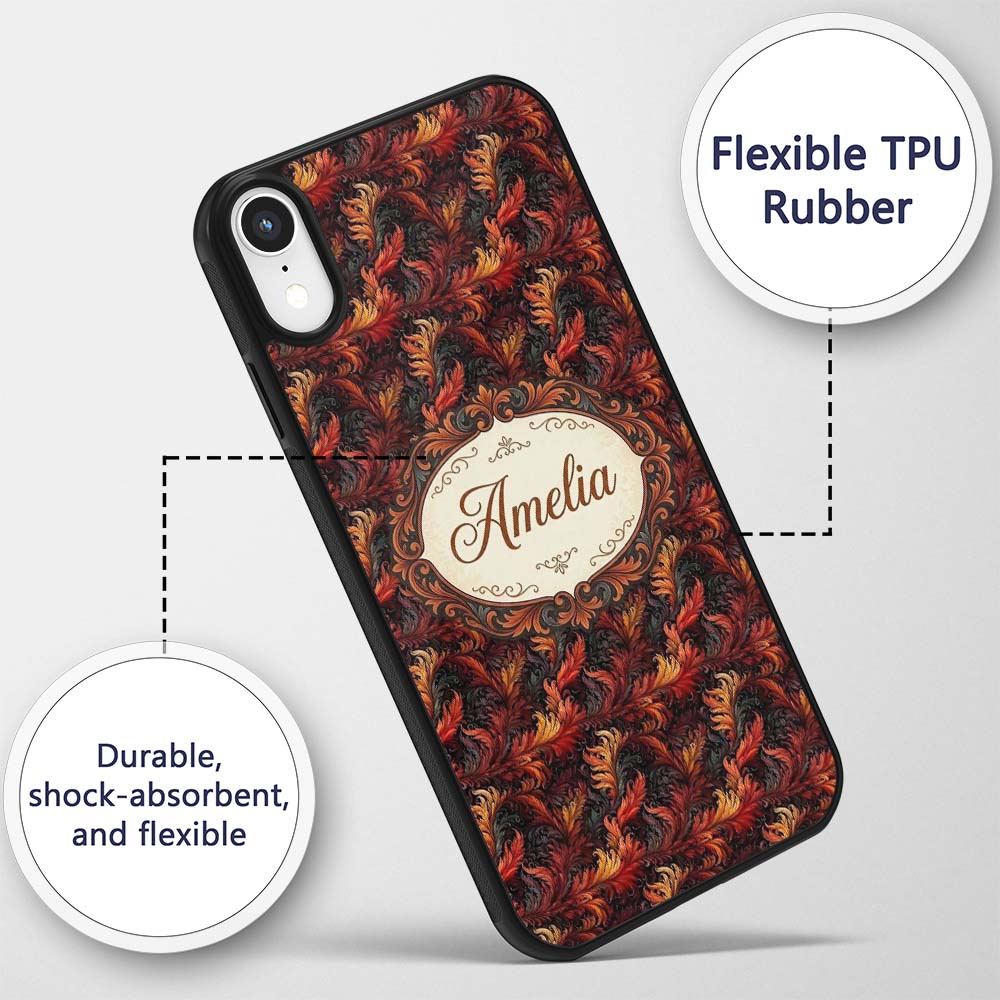 Rich Red Gold Ornamental Leaf Swirl Seamless Custom Name Protective Phone Case Mobile Cover Durable Everyday Smartphone Shock Resistant