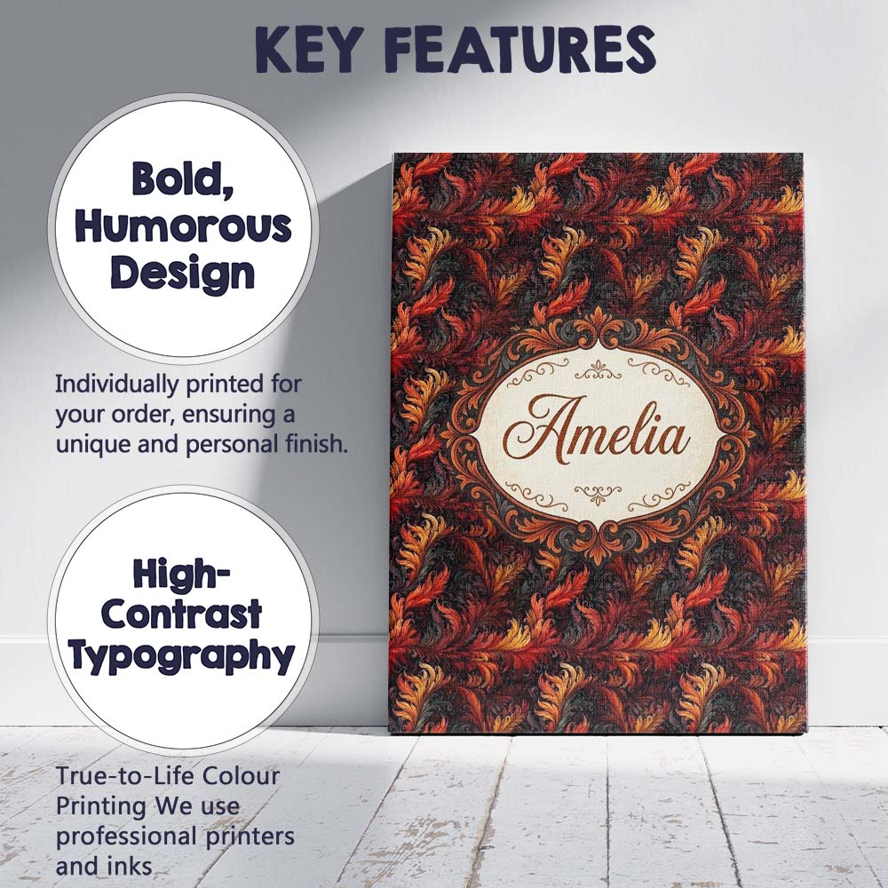Personalised Name Rich Red Gold Ornamental Custom  Unique Gift Idea Elegant Feature Canvas Wall Art Print Decor Picture Ready to Hang