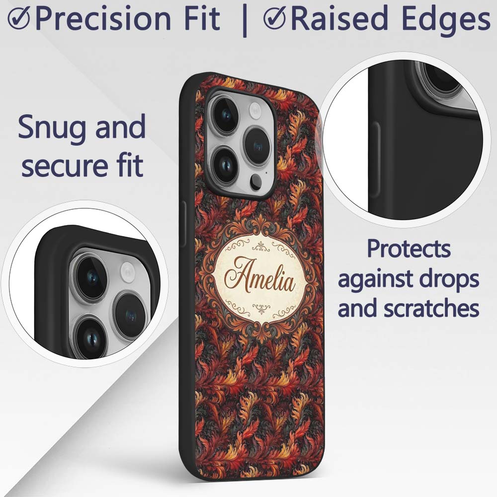Rich Red Gold Ornamental Leaf Swirl Seamless Custom Name Protective Phone Case Mobile Cover Durable Everyday Smartphone Shock Resistant