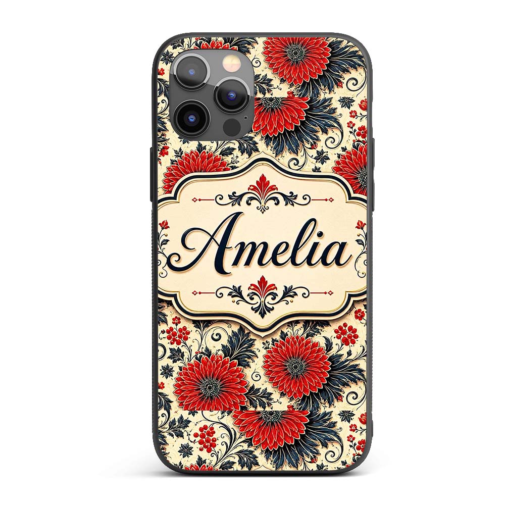 Red Floral Vintage Garden Seamless Printed Design Custom Name Protective Phone Case Mobile Cover Durable Everyday Smartphone Shock Resistant