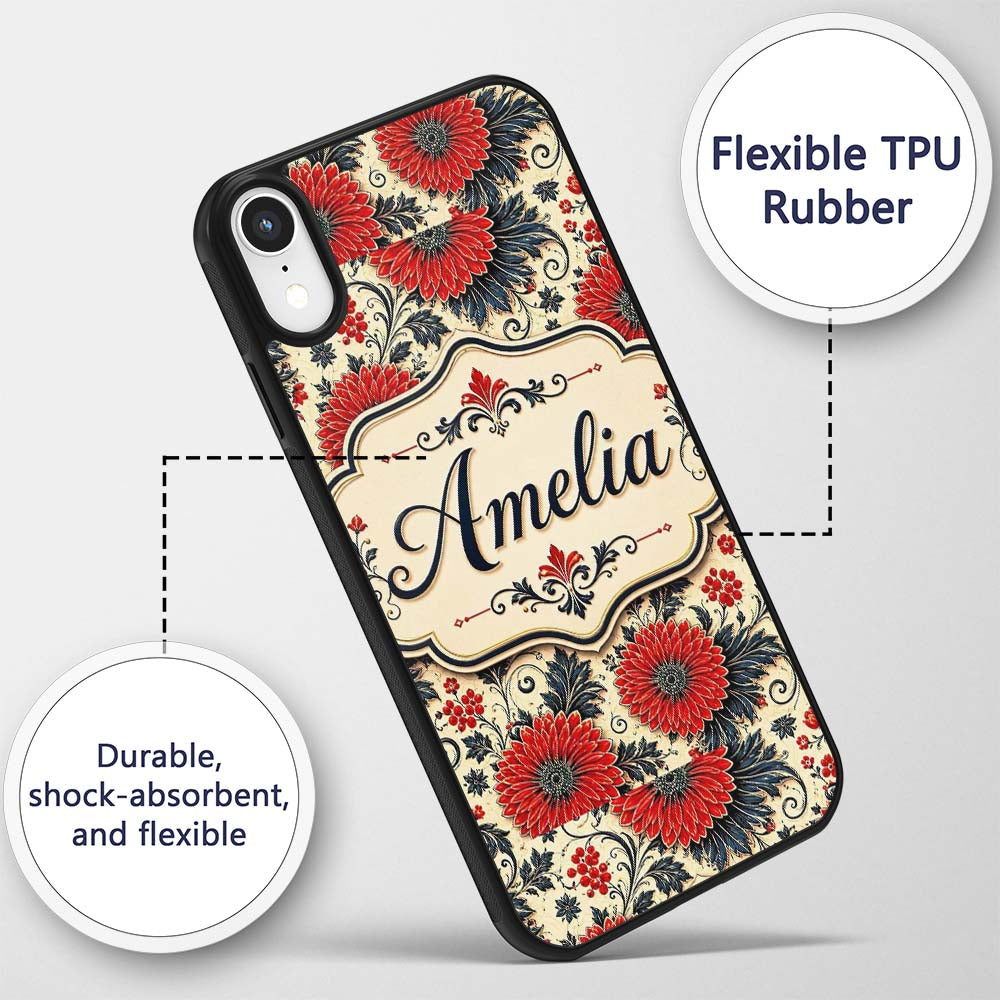 Red Floral Vintage Garden Seamless Printed Design Custom Name Protective Phone Case Mobile Cover Durable Everyday Smartphone Shock Resistant
