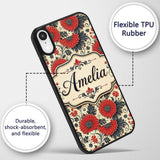 Red Floral Vintage Garden Seamless Printed Design Custom Name Protective Phone Case Mobile Cover Durable Everyday Smartphone Shock Resistant