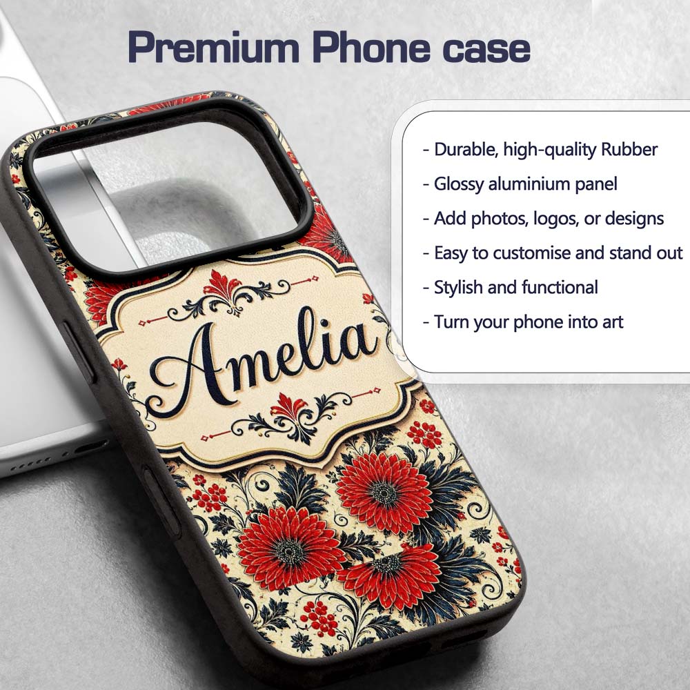 Red Floral Vintage Garden Seamless Printed Design Custom Name Protective Phone Case Mobile Cover Durable Everyday Smartphone Shock Resistant