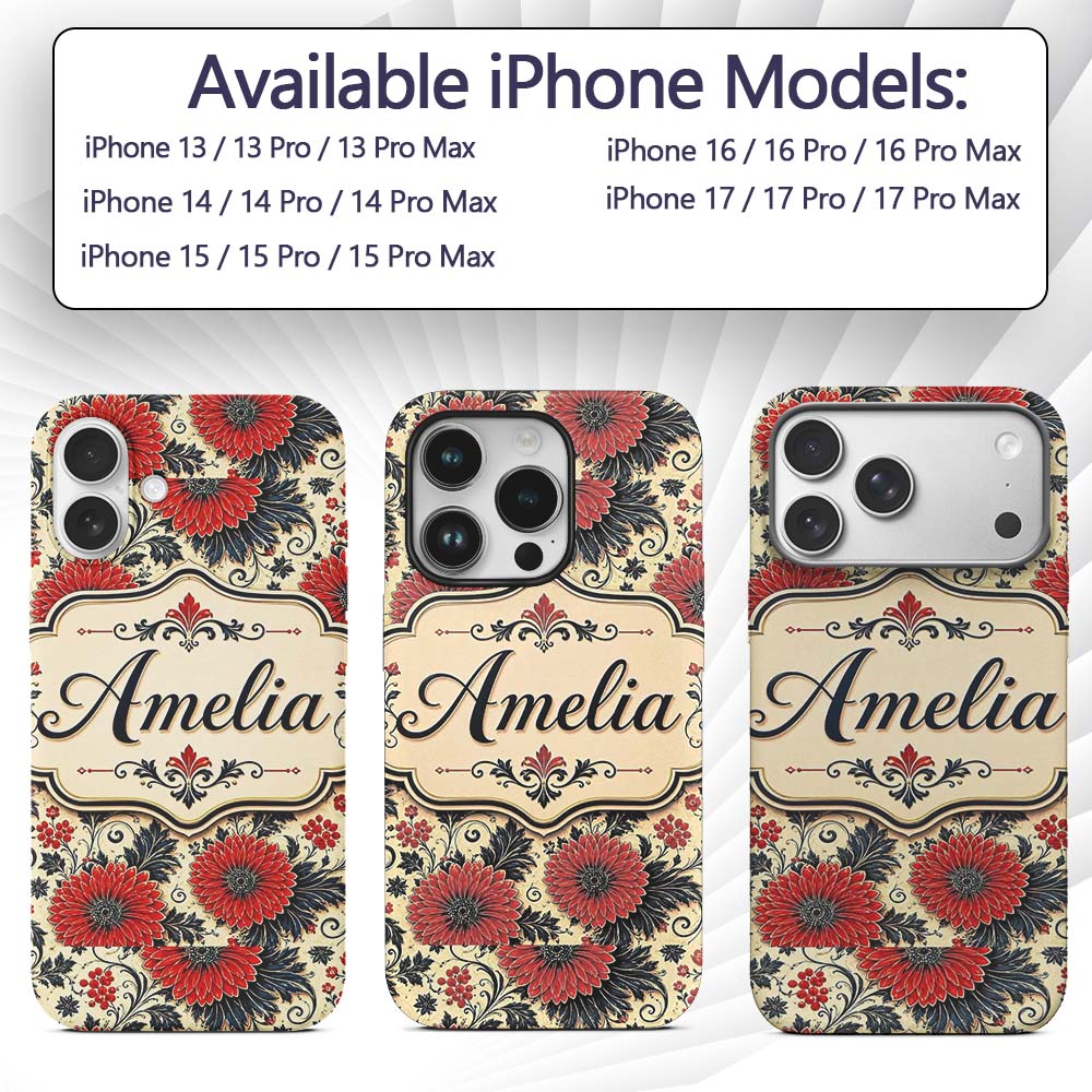 Red Floral Vintage Garden Seamless Printed Design Custom Name Protective Phone Case Mobile Cover Durable Everyday Smartphone Shock Resistant