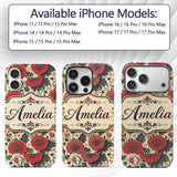 Red Floral Vintage Garden Seamless Printed Design Custom Name Protective Phone Case Mobile Cover Durable Everyday Smartphone Shock Resistant
