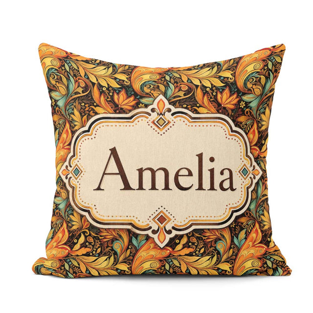 Custom Name Golden Orange Ornamental Paisley Leaf Swirl Seamless Square Filled Cushion Throw Pillow Sofa Bed Home Decor Zip Washable UK Made