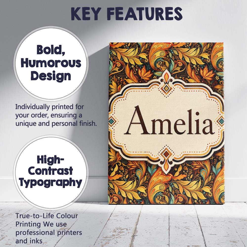 Personalised Name Golden Orange Ornamental Custom  Unique Gift Idea Elegant Feature Canvas Wall Art Print Decor Picture Ready to Hang