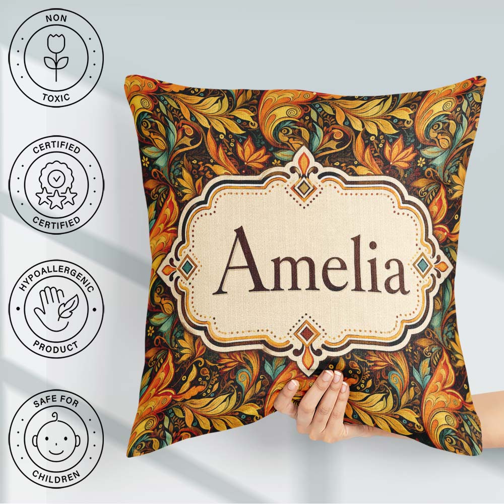 Custom Name Golden Orange Ornamental Paisley Leaf Swirl Seamless Square Filled Cushion Throw Pillow Sofa Bed Home Decor Zip Washable UK Made