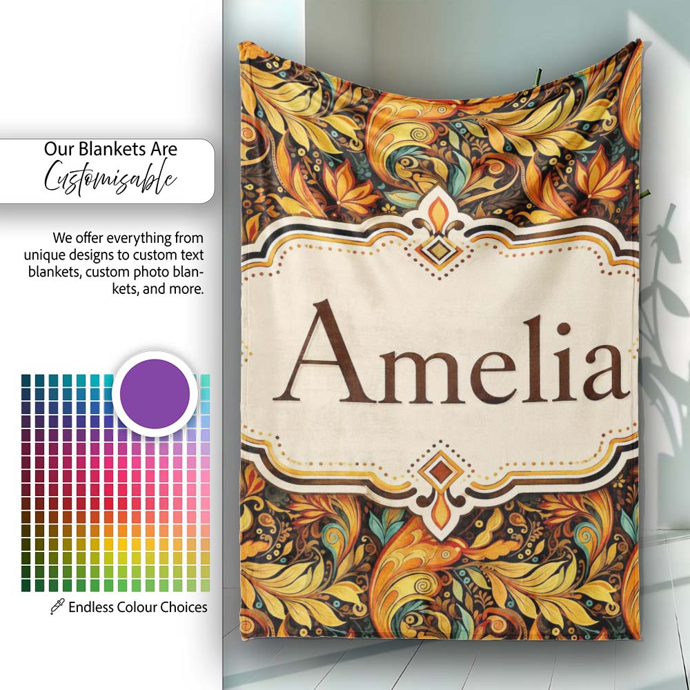Golden Orange Ornamental Paisley Leaf Swirl Seamless Pattern Lovely  Personalised Custom Name Super Soft Fleece Blanket Bed Sofa Throw