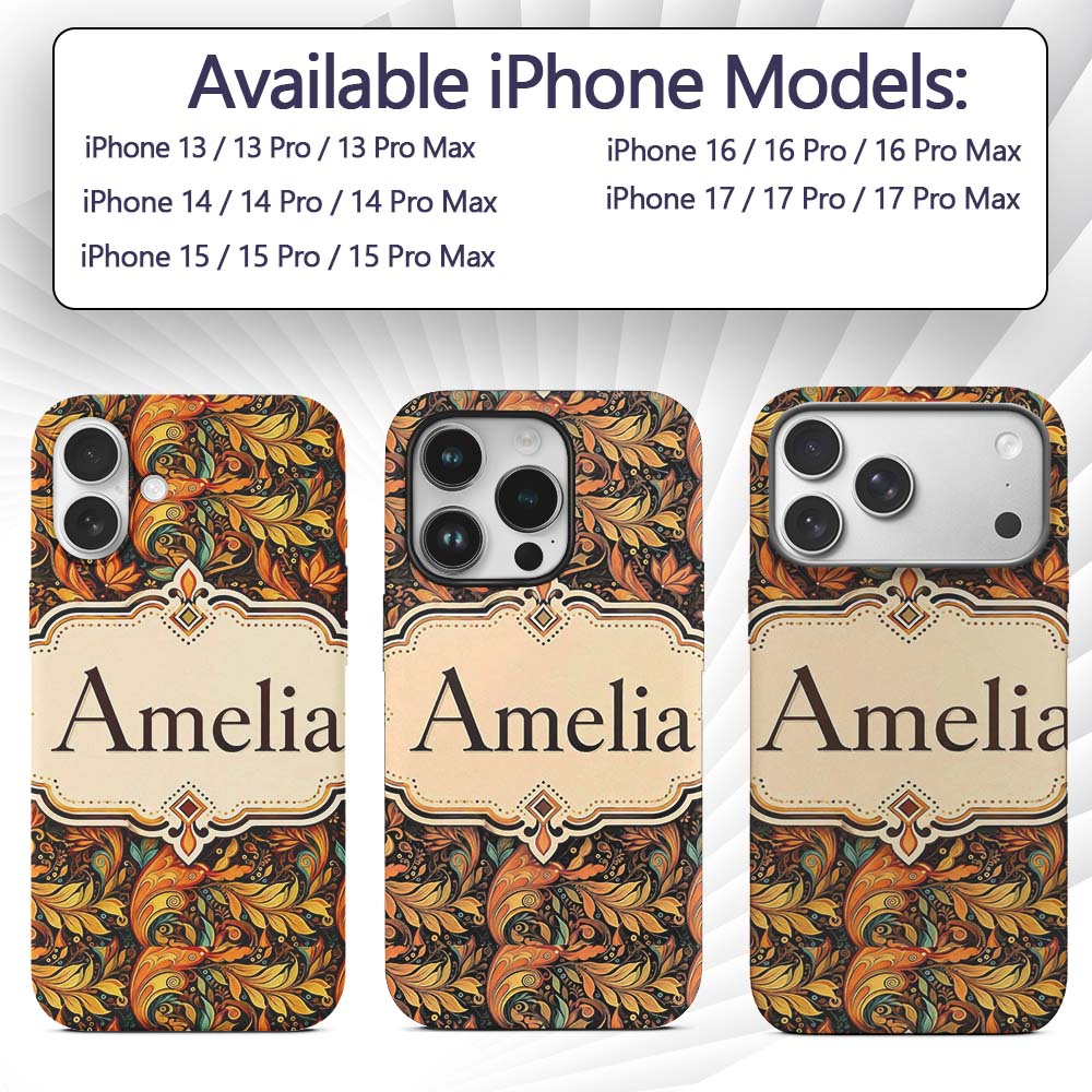 Golden Orange Ornamental Paisley Printed Design Custom Name Protective Phone Case Mobile Cover Durable Everyday Smartphone Shock Resistant