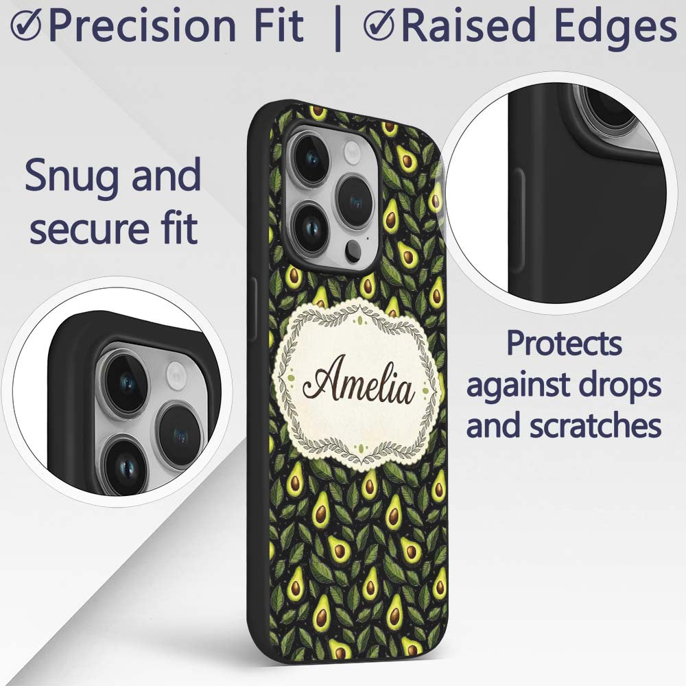 Dark Avocado Leaf Seamless Black Background Fresh Custom Name Protective Phone Case Mobile Cover Durable Everyday Smartphone Shock Resistant