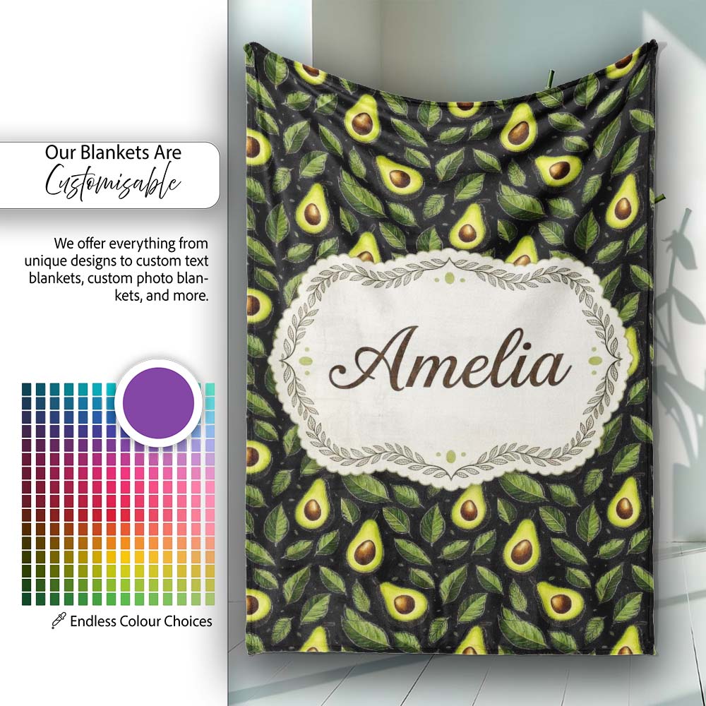Dark Avocado Leaf Seamless Black Background Fresh Fruit Botanical  Personalised Custom Name Super Soft Fleece Blanket Bed Sofa Throw