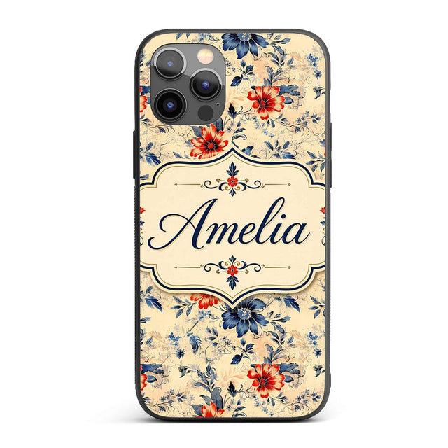 Blue Red Botanical Floral Vintage Printed Design Custom Name Protective Phone Case Mobile Cover Durable Everyday Smartphone Shock Resistant