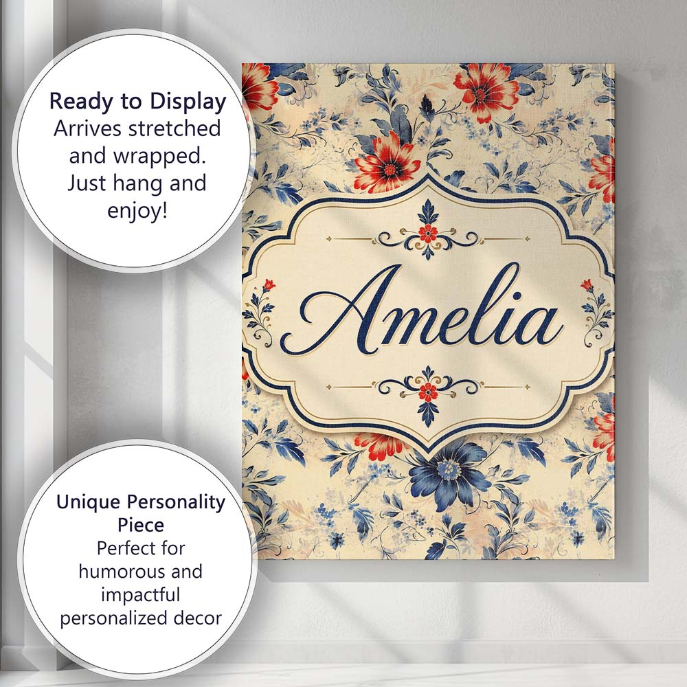 Personalised Name Blue Red Botanical Floral Custom  Bespoke Interior Contemporary Canvas Wall Art Print Decor Picture Ready to Hang