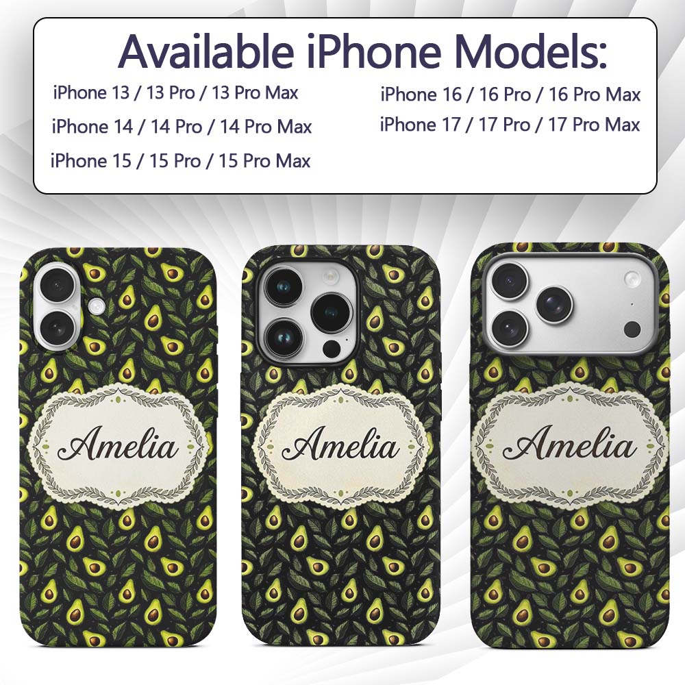 Dark Avocado Leaf Seamless Black Background Fresh Custom Name Protective Phone Case Mobile Cover Durable Everyday Smartphone Shock Resistant