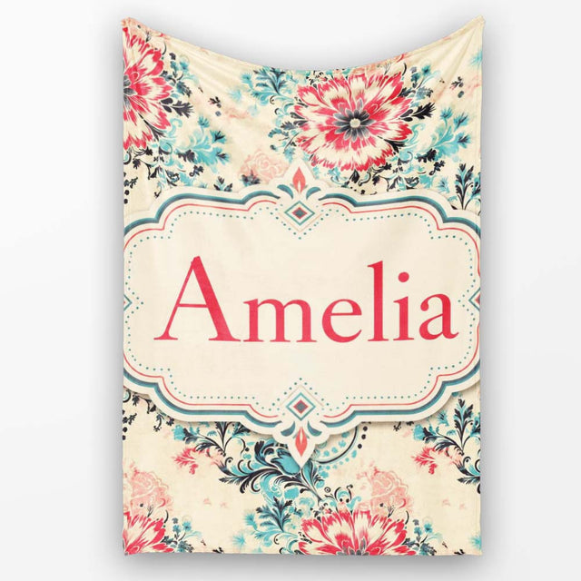 Elegant Pink Blue Floral Damask Vintage Seamless Pattern Lovely  Personalised Custom Name Super Soft Fleece Blanket Bed Sofa Throw