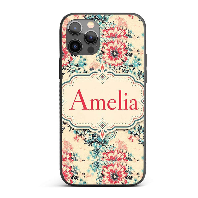 Elegant Pink Blue Floral Damask Vintage Seamless Custom Name Protective Phone Case Mobile Cover Durable Everyday Smartphone Shock Resistant