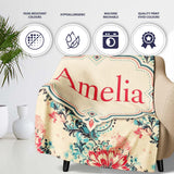 Elegant Pink Blue Floral Damask Vintage Seamless Pattern Lovely  Personalised Custom Name Super Soft Fleece Blanket Bed Sofa Throw