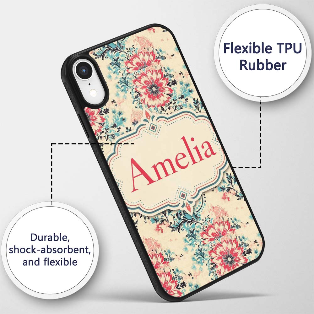 Elegant Pink Blue Floral Damask Vintage Seamless Custom Name Protective Phone Case Mobile Cover Durable Everyday Smartphone Shock Resistant