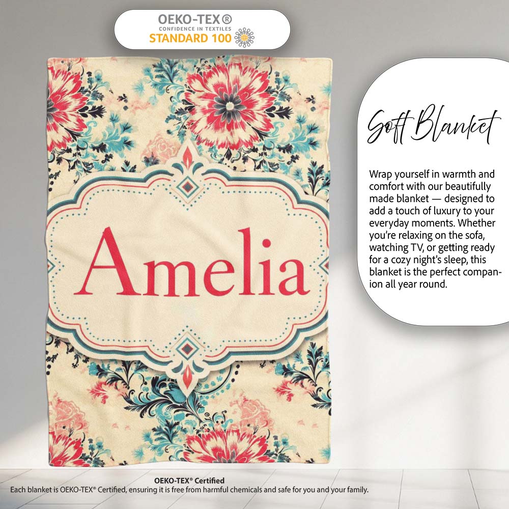 Elegant Pink Blue Floral Damask Vintage Seamless Pattern Lovely  Personalised Custom Name Super Soft Fleece Blanket Bed Sofa Throw