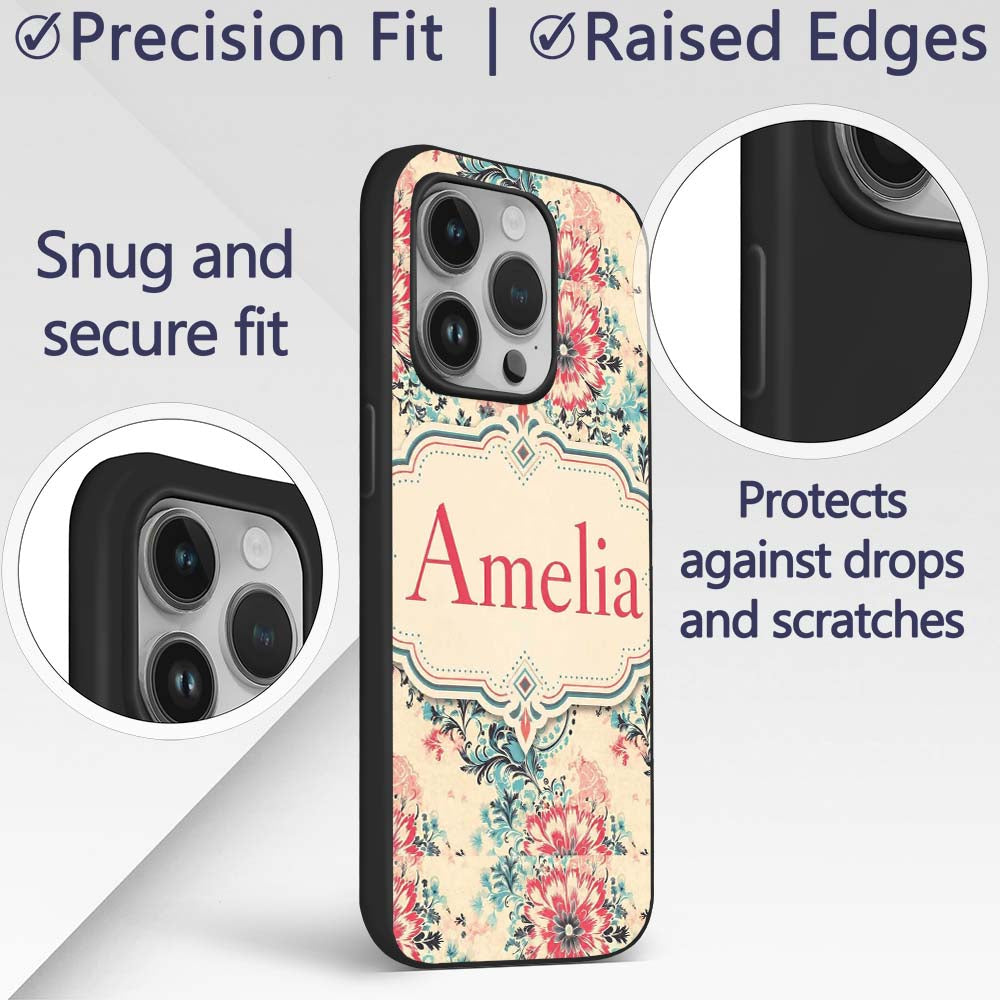 Elegant Pink Blue Floral Damask Vintage Seamless Custom Name Protective Phone Case Mobile Cover Durable Everyday Smartphone Shock Resistant