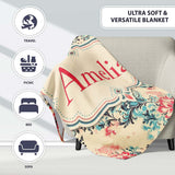 Elegant Pink Blue Floral Damask Vintage Seamless Pattern Lovely  Personalised Custom Name Super Soft Fleece Blanket Bed Sofa Throw