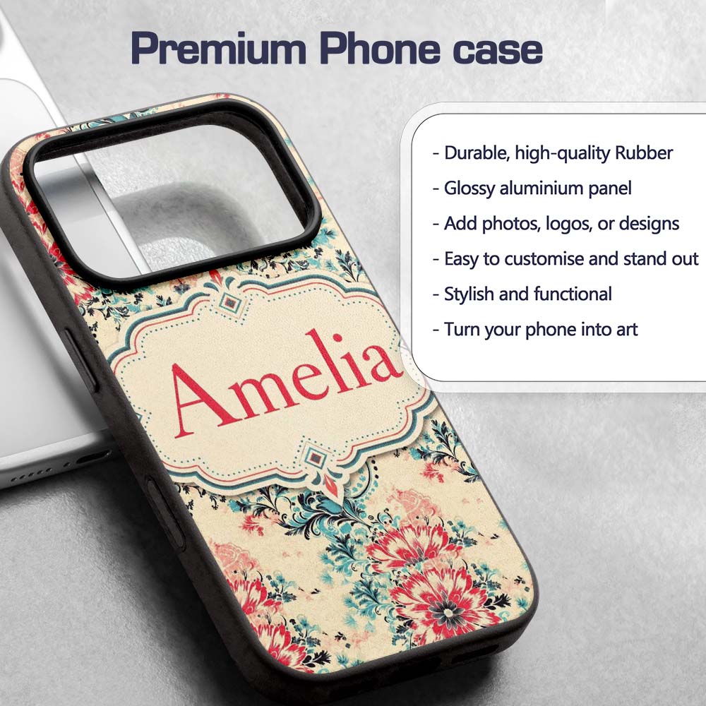 Elegant Pink Blue Floral Damask Vintage Seamless Custom Name Protective Phone Case Mobile Cover Durable Everyday Smartphone Shock Resistant