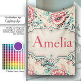 Elegant Pink Blue Floral Damask Vintage Seamless Pattern Lovely  Personalised Custom Name Super Soft Fleece Blanket Bed Sofa Throw