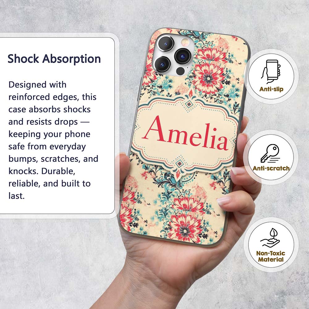 Elegant Pink Blue Floral Damask Vintage Seamless Custom Name Protective Phone Case Mobile Cover Durable Everyday Smartphone Shock Resistant