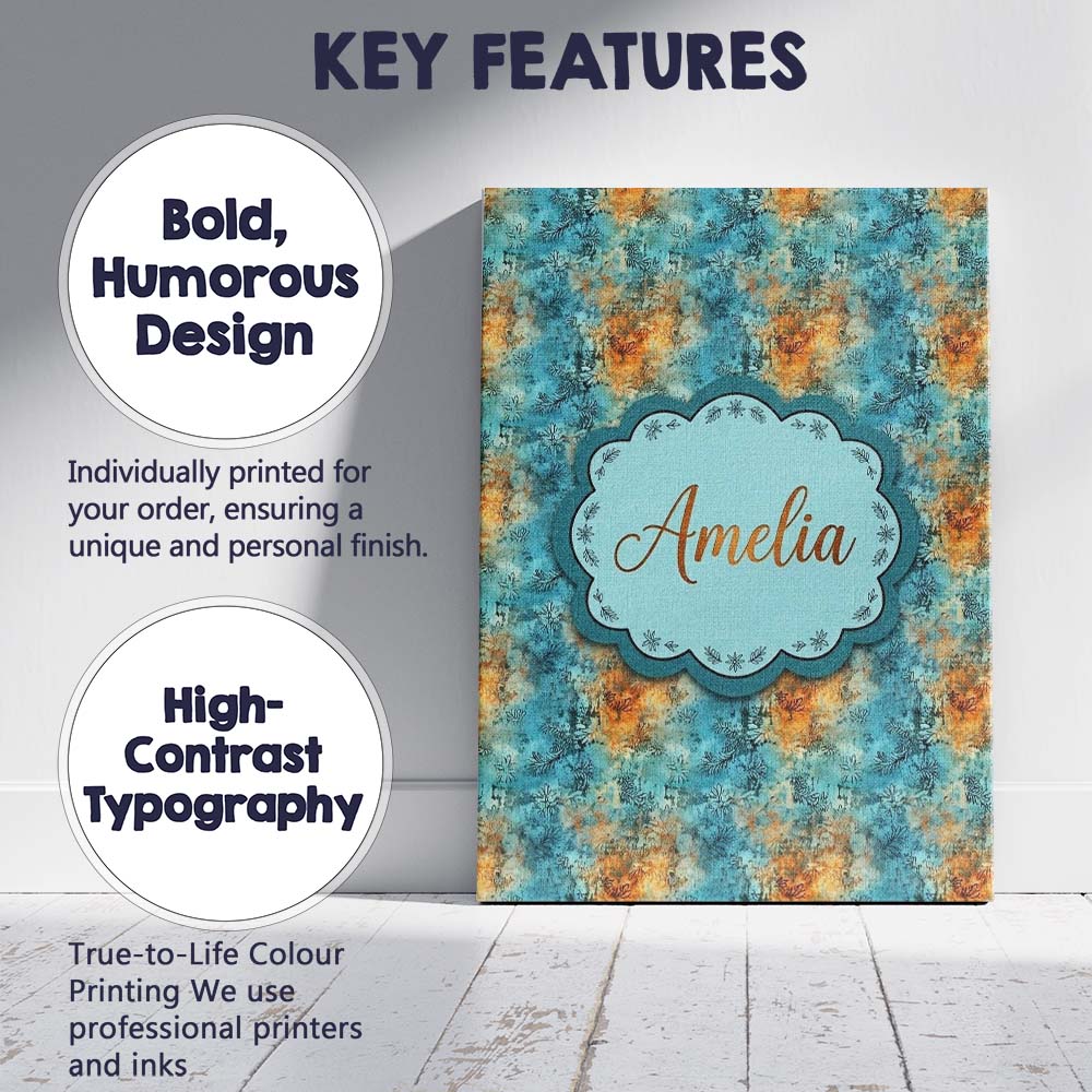 Personalised Name Teal Orange Grunge Floral Custom  Bespoke Interior Contemporary Canvas Wall Art Print Decor Picture Ready to Hang