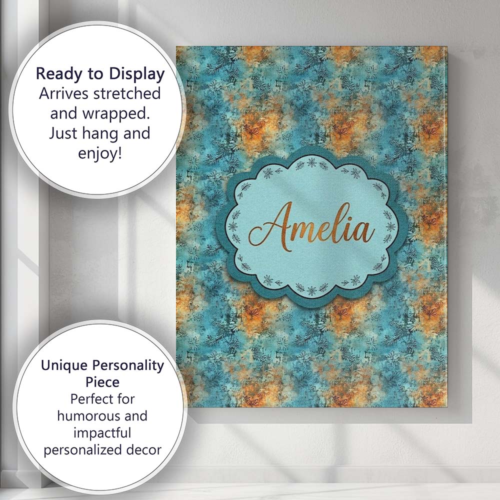 Personalised Name Teal Orange Grunge Floral Custom  Bespoke Interior Contemporary Canvas Wall Art Print Decor Picture Ready to Hang