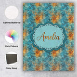 Personalised Name Teal Orange Grunge Floral Custom  Bespoke Interior Contemporary Canvas Wall Art Print Decor Picture Ready to Hang