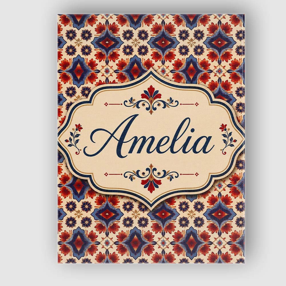 Personalised Name Red Blue Geometric Floral Custom  Bespoke Interior Contemporary Canvas Wall Art Print Decor Picture Ready to Hang