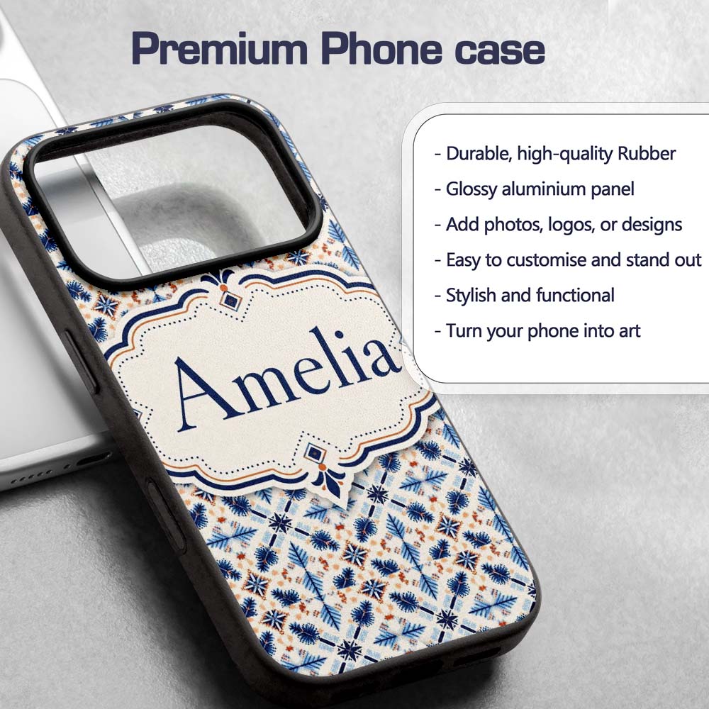 Blue White Nordic Folk Pattern Seamless Pattern Custom Name Protective Phone Case Mobile Cover Durable Everyday Smartphone Shock Resistant