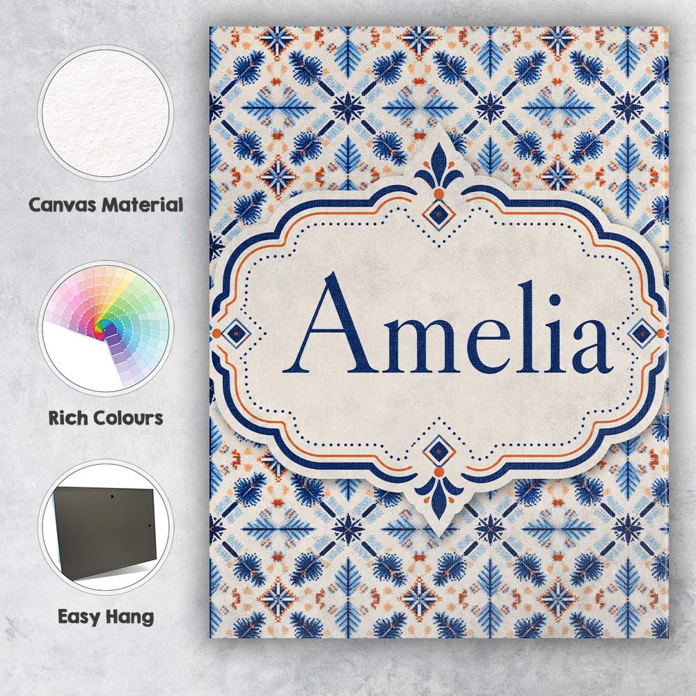 Personalised Name Blue White Nordic Folk Custom  Unique Gift Idea Elegant Feature Canvas Wall Art Print Decor Picture Ready to Hang
