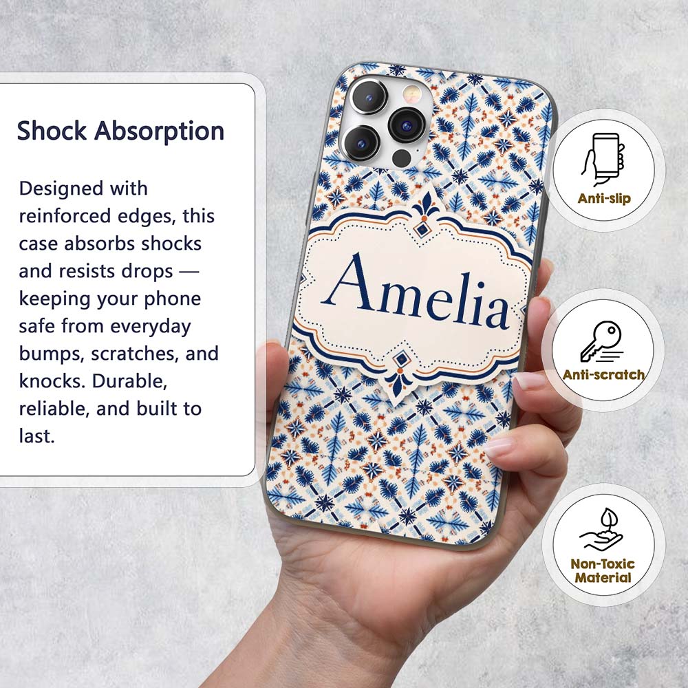Blue White Nordic Folk Pattern Seamless Pattern Custom Name Protective Phone Case Mobile Cover Durable Everyday Smartphone Shock Resistant