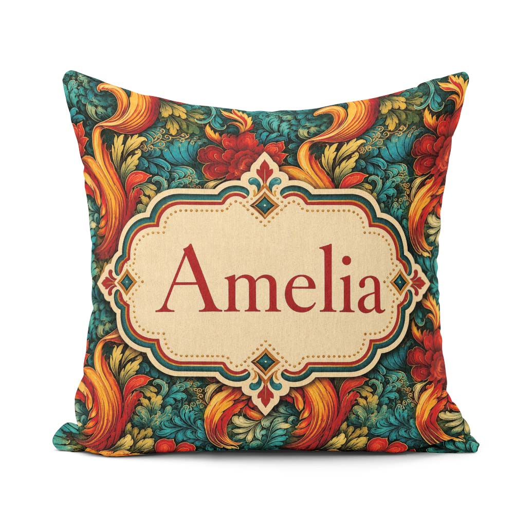 Custom Name Teal Orange Baroque Floral Swirl Seamless Pattern Square Filled Cushion Throw Pillow Sofa Bed Home Decor Zip Washable UK Made