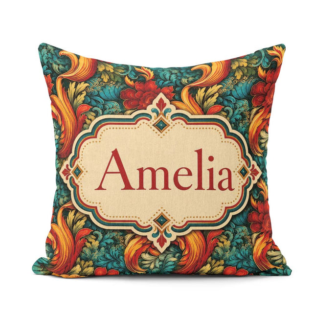 Custom Name Teal Orange Baroque Floral Swirl Seamless Pattern Square Filled Cushion Throw Pillow Sofa Bed Home Decor Zip Washable UK Made